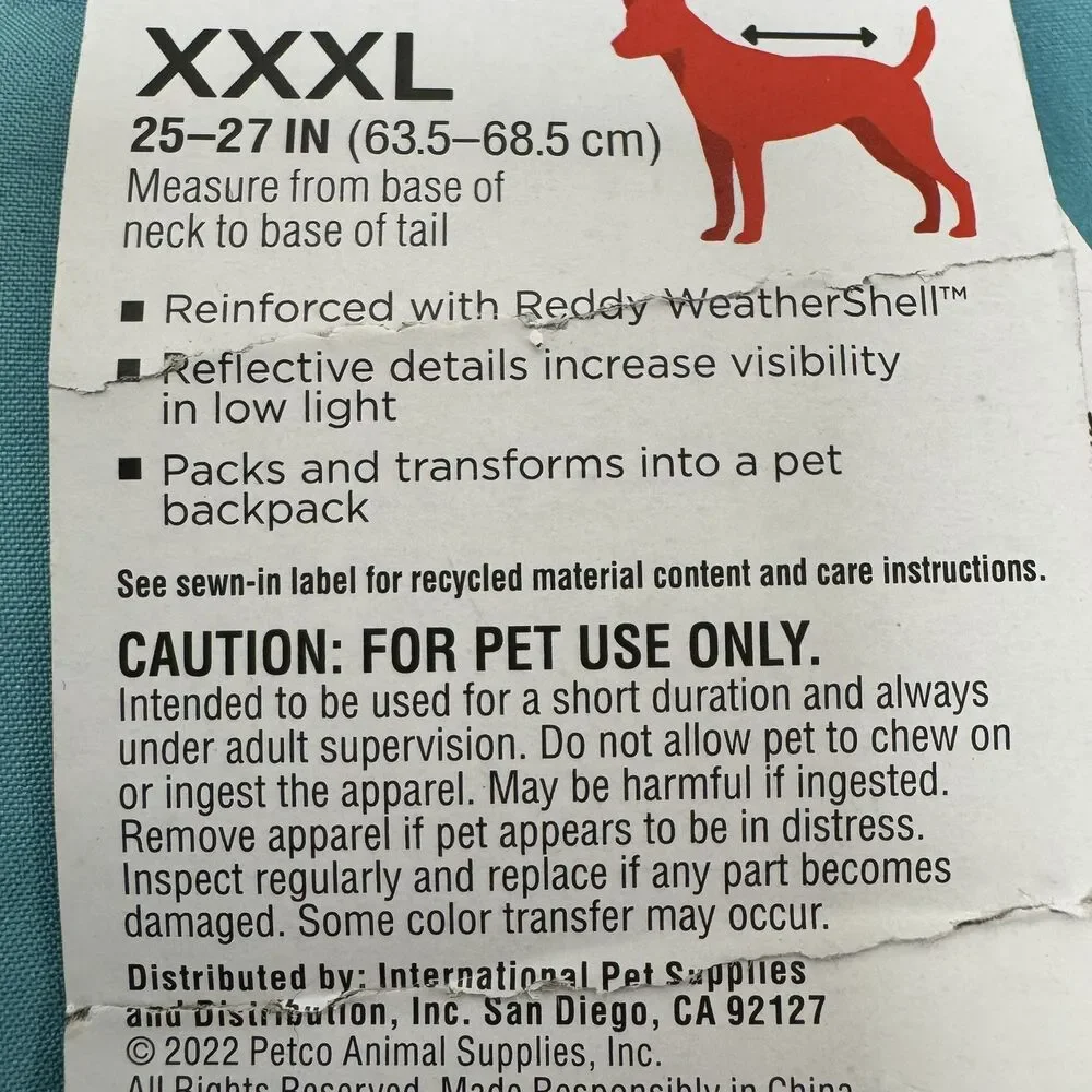 Reddy XXXL Dog Rain Jacket Packs into Backpack Reflective Wind/Water Proof‎ NWT